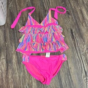 Girls' Neon Pink Ruffle Tankini with Multicolor Print